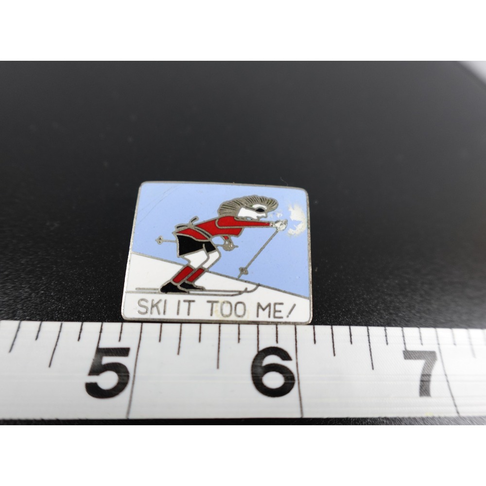 Enamel Skiing Lapel Pin Vintage Cartoon Skier Design Saying Ski It Too Me